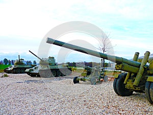 Tank T 32 and then a cannon howitzers Soviet combat weapon of WWII