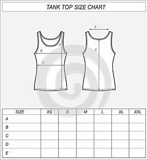 Tank top size chart. Singlet front and back