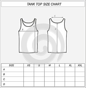 Tank top size chart. Singlet front and back