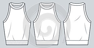 Tank Top technical fashion illustration. Sleeveless Top fashion flat technical drawing template, crew neck, ribbed, front and back