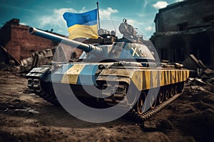 A tank with a Ukrainian flag and patriotic yellow and blue paint on the background of destroyed houses.