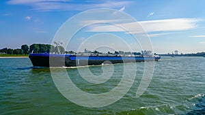 Tanker barge on Rhine river, Cologne, Germany. Fuel transportation