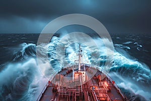 Tanker bravely towers waves during fierce storm at night