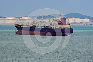 Tanker in front of an oil storage terminal