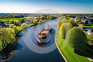 tanker navigates through a narrow canal passing picturesque landscapes, clear day in the afternoon, Generative AI