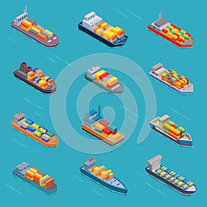 Tanker oil bulk vector isometric tank ships or cargo boats transport and isometry transportation by sea or ocean set