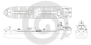 Tanker outline drawing. Contour cargo ship industrial blueprint. Petroleum boat view top, side, front. Isolated vehicle