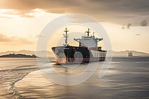 A tanker ship being loaded with oil. Tanker ship in the foreground and the drilling rig in the background. Generative AI