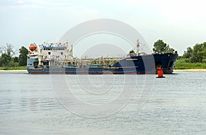 Tanker ship on Don river. Freight oil boat near Rostov-on-Don, R