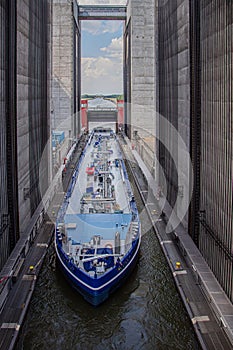 tanker ship enters a gigantic ship`s hoist and overcomes 38 metres in altitude