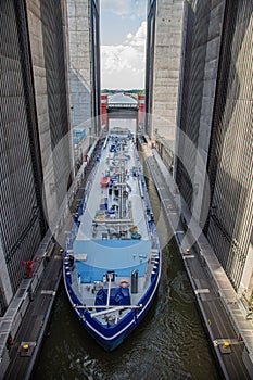 Tanker ship enters a gigantic ship`s hoist and overcomes 38 metres in altitude