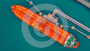 Tanker ship loading in port view from above, Tanker ship logistic import export business and transportation, Aerial view