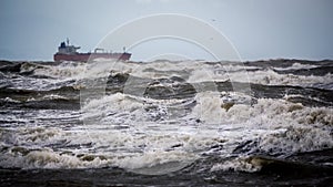 Tanker ship at sea during a storm