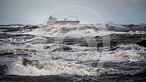 Tanker ship at sea during a storm