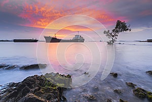 Tanker Ship in sunset  Batam Island