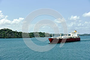 Tanker ship transiting through Panama Canal