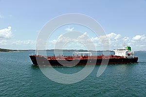 Tanker ship transiting through Panama Canal