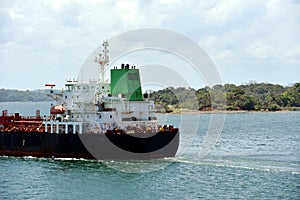 Tanker ship transiting through Panama Canal