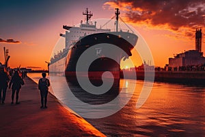 tanker ship unloading crude oil at a busy port during a vibrant sunset, Generative AI