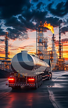 A tanker for the transport of gas or oil with an industrial refining plant in the background