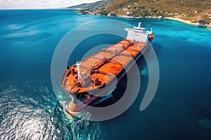 tanker transporting and storing oil for shipment, during clear skies and calm sea conditions at noon, Generative AI