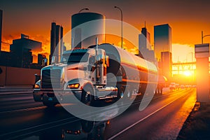 Tanker truck on the big highway city, at sunset on the road. Generative AI