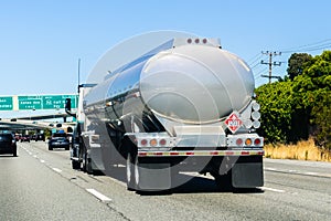 Tanker truck driving on the freeway in San Francisco Bay area, California