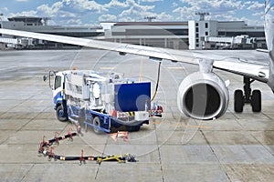 Tanker truck for refueling commercial aircraft at airport