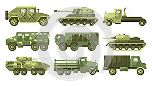 Tanks and armoured trucks camouflage vehicles collection side view