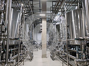 Tanks at the dairy plant. Technological equipment at a modern dairy plant