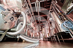 Tanks at microbrewery, low angle