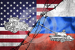 Tanks pointing at each other on grunge flags of Russian Federation and USA divided by barb wire illustration