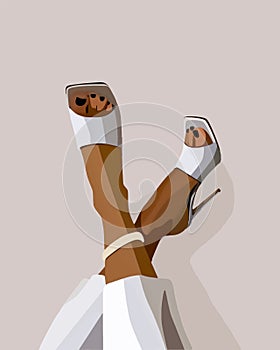 Tanned female legs in white sandals and pants