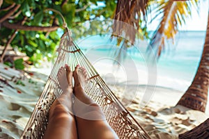 Tanned legs on a hammock on a tropical island. Summer vacations concept. Generative AI