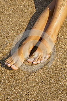 Tanned legs in the sand of the sea