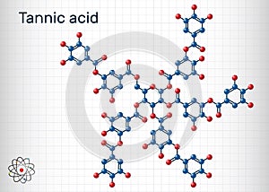 Tannic acid, tannin molecule. It type of polyphenol. Sheet of paper in a cage. Structural chemical formula and molecule model