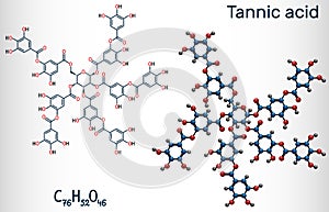 Tannic acid, tannin molecule. It type of polyphenol. Structural chemical formula and molecule model