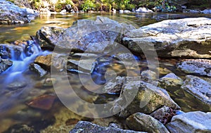 Tannin colored mountain stream and rocks