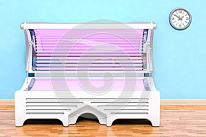 Tanning Bed in room near wall, 3D rendering