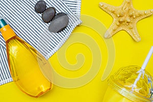 Tanning oil on a yellow background. Smooth tan. Perfect body. The beauty . Sun protection. Beach rest. Article about means for