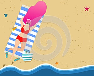 Tanning Woman on Beach, Summertime Leisure, Resort