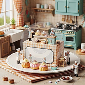 Miniature Chefs Decorating Pastries in a Whimsical Kitchen with Blank Box Mockup