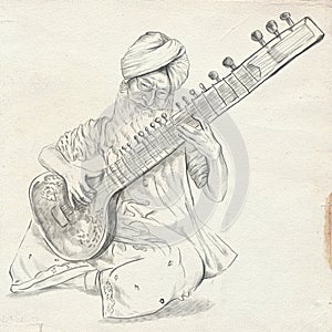 Tanpura player. Freehand sketch. Full sized, orignal. photo