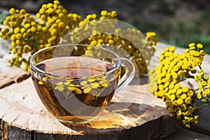 Tansy infusion in a glass cup and yellow tansy flowers on a wooden table. Tansy Herbal tea. Healing herbs