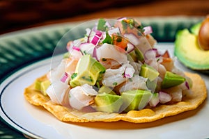 tantalizing close-up of a Peruvian-style Ceviche garnished with sliced avocado, served on a crispy tostada photo