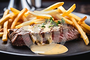 tantalizing close-up of steak frites, with a perfectly grilled medium-rare steak served on a bed of thin and crispy fries