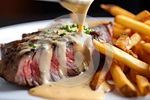 tantalizing close-up of steak frites, with a perfectly grilled medium-rare steak served on a bed of thin and crispy fries