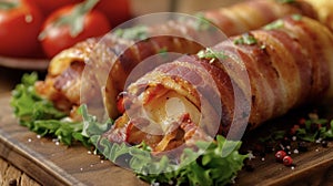 A tantalizing dish of grilled bacon wrap showcasing the smoky flavors of grilled bacon complemented by the sweetness of photo