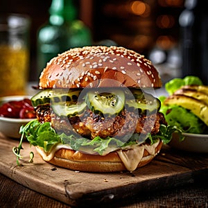 A tantalizing jumbo burger with a succulent chicken patty, tangy pickles, and a soft brioche bun.