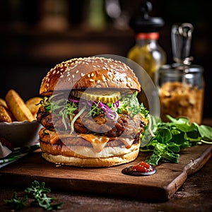 A tantalizing jumbo burger with a succulent chicken patty, tangy pickles, and a soft brioche bun.